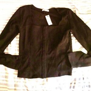 Anthropologie Black Long-Sleeve Button-Down Top corset style hidden hook and eye